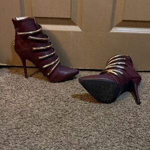 Dollhouse Burgundy Heeled Boots with Gold Straps